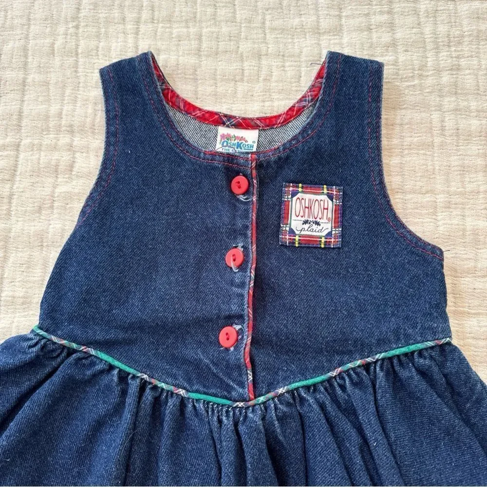 VTG Oshkosh Girls 4 Denim Jumper Overall Dress Blue Red Plaid Christmas USA